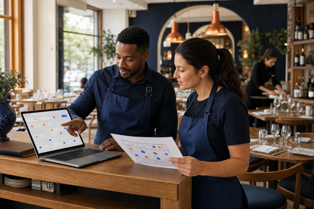 Deux membres d’une équipe de restaurant organisent les réservations et le plan de salle avec Servio Pro