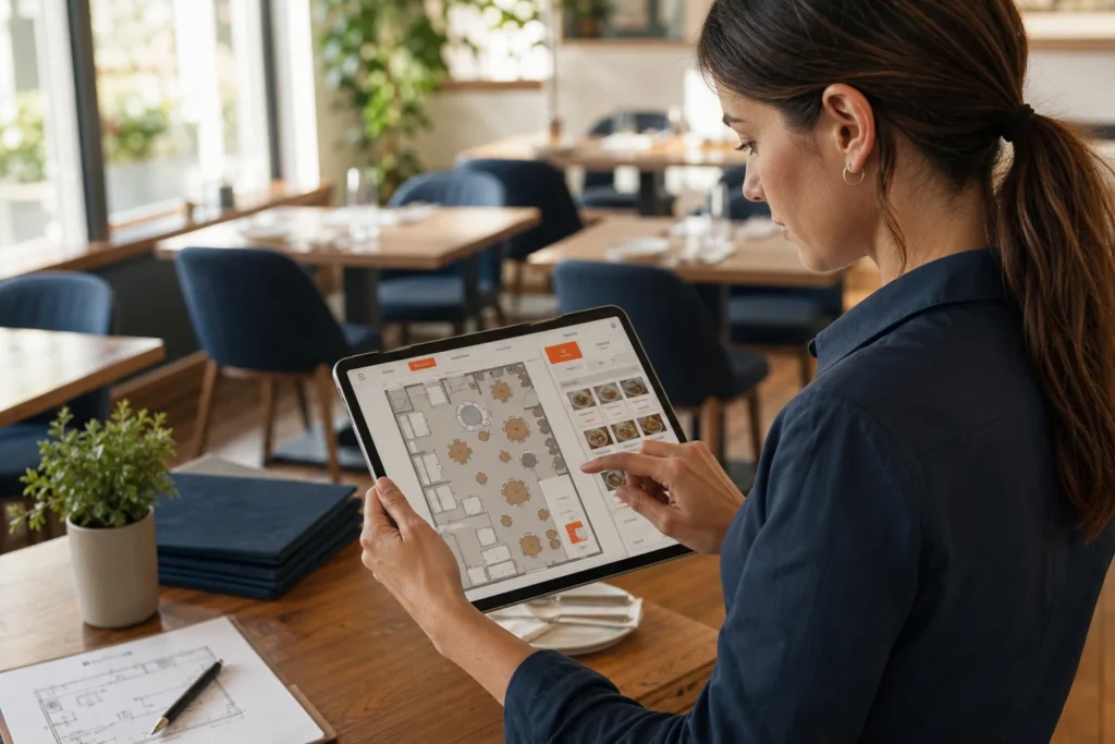 Responsable configurant le plan de salle et le menu du restaurant sur tablette