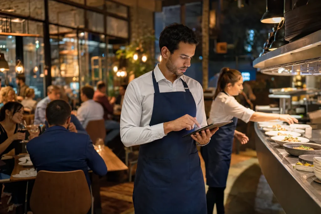 Serveur gérant réservations et commandes sur tablette pendant le service