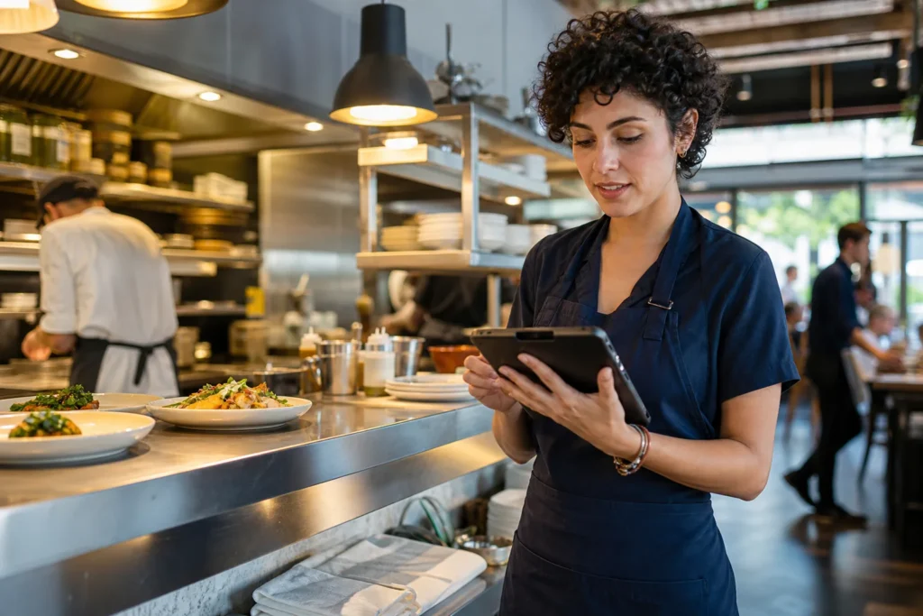 Serveuse gérant les commandes numériques sur tablette pendant le service
