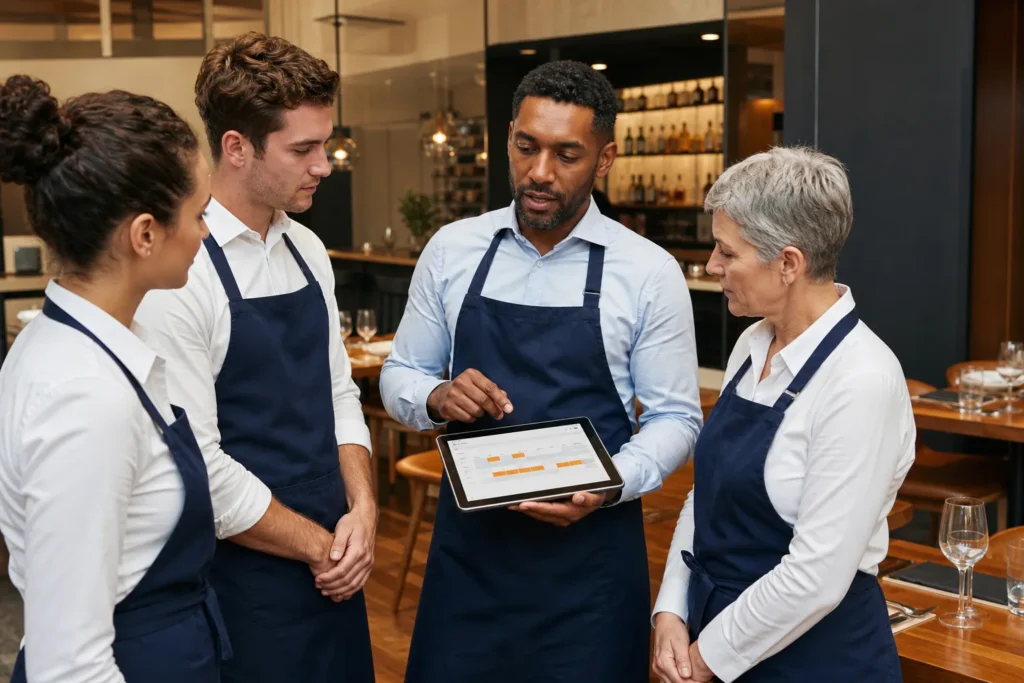 Équipe de restaurant organisée autour d’un planning sur tablette avant le service