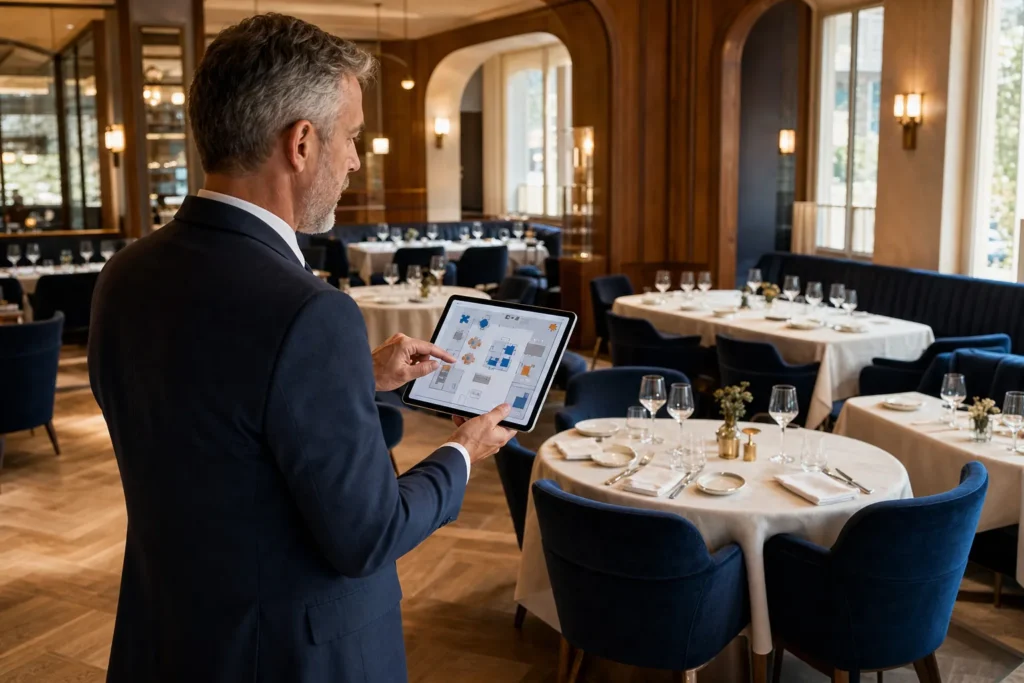 Responsable organisant les tables du restaurant à partir d’un plan de salle sur tablette