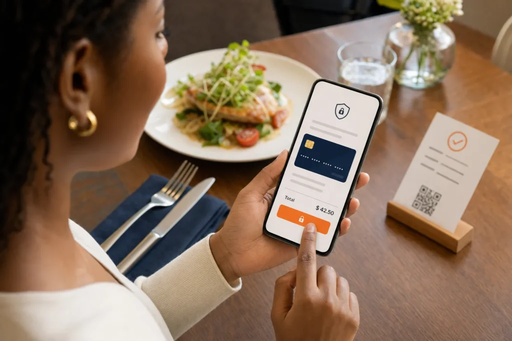 Cliente finalisant un paiement en ligne sécurisé sur son smartphone après une commande au restaurant