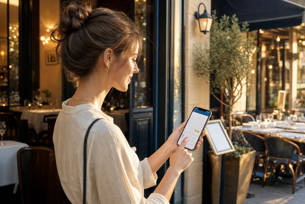 Cliente réservant une table depuis son smartphone devant un restaurant