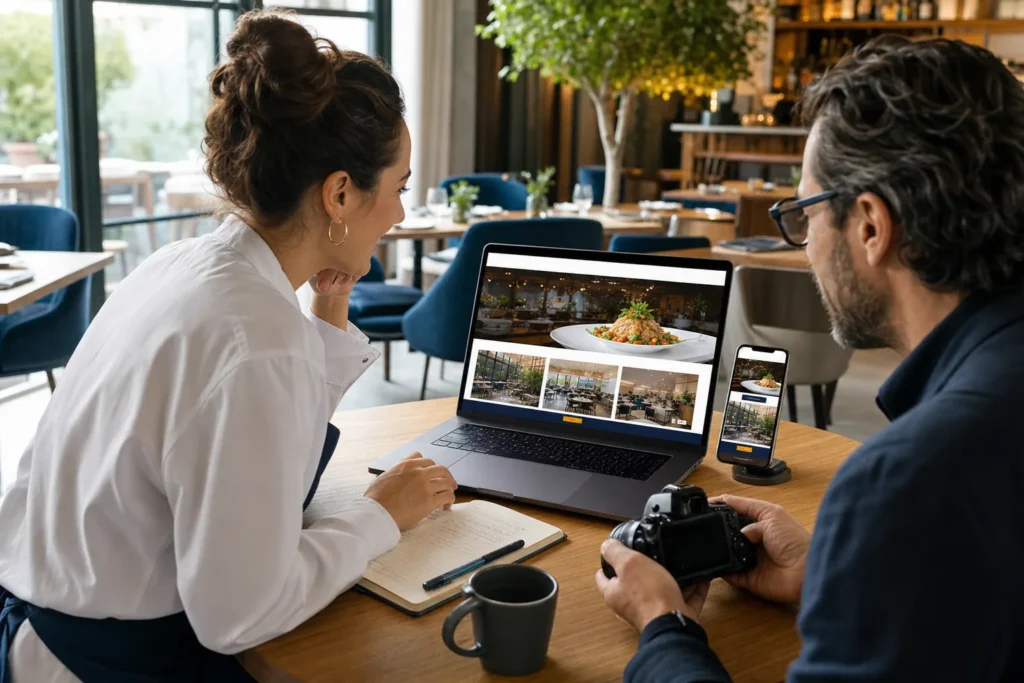 Restauratrice consultant le site internet de son établissement sur ordinateur et mobile