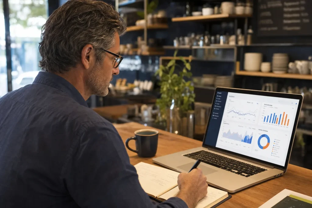 Restaurateur analysant les ventes et les performances de son établissement sur ordinateur