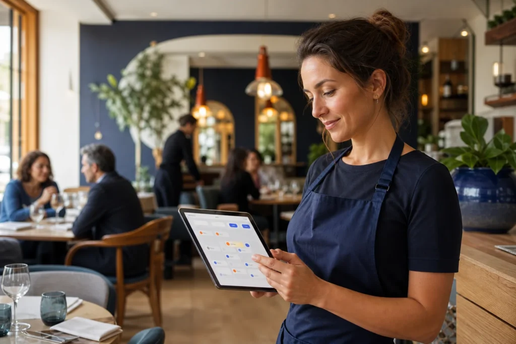 Restauratrice utilisant la plateforme Servio Pro sur une tablette dans son restaurant